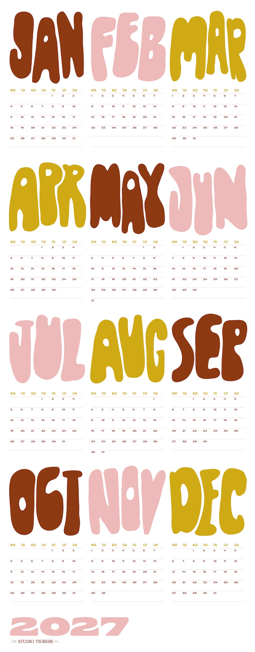 2027 Tall Months Calendars